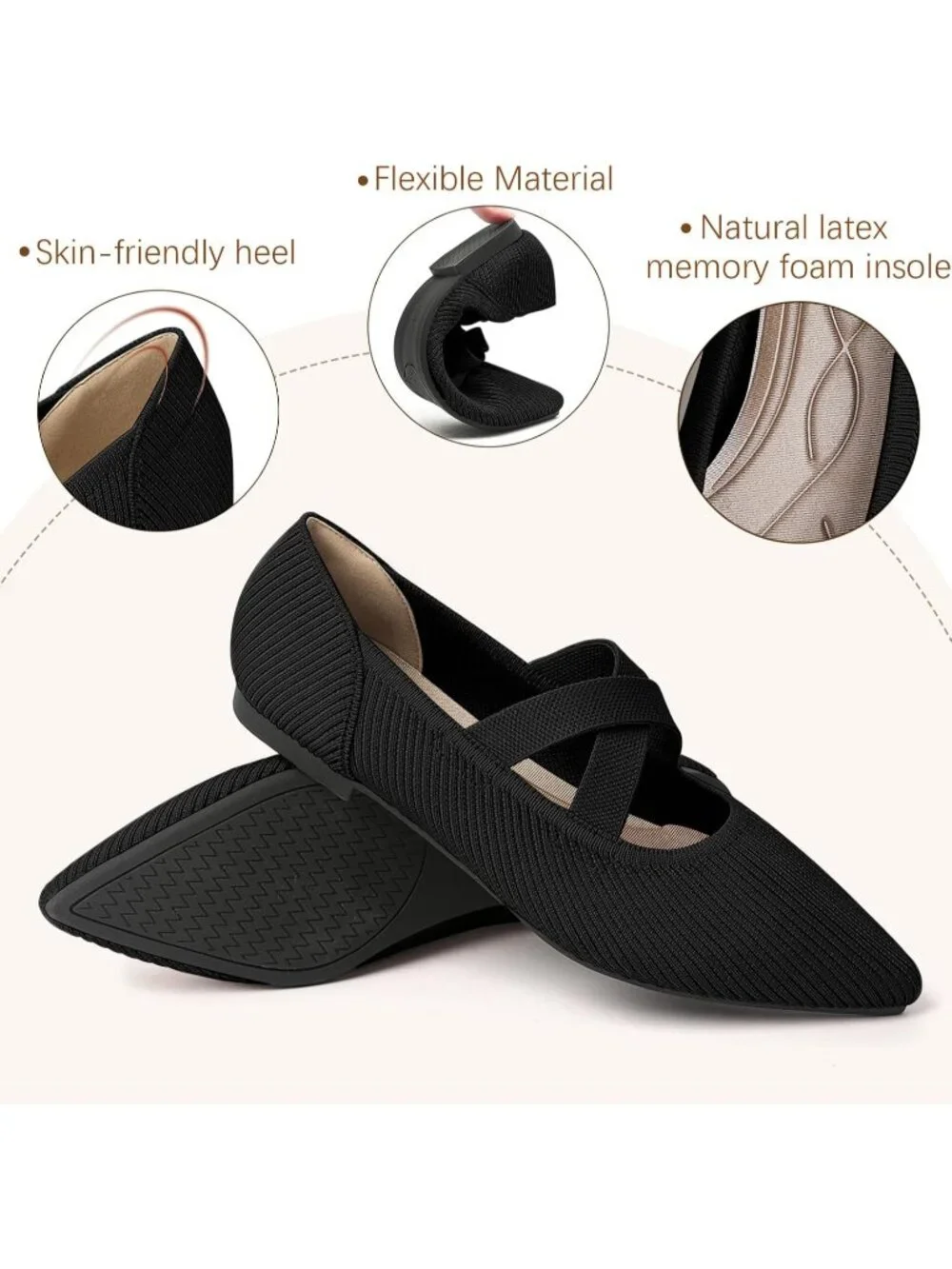 Women's Black Knit Mary Jane Flats Pointed Toe Comfortable Slip On Dressy Shoes
